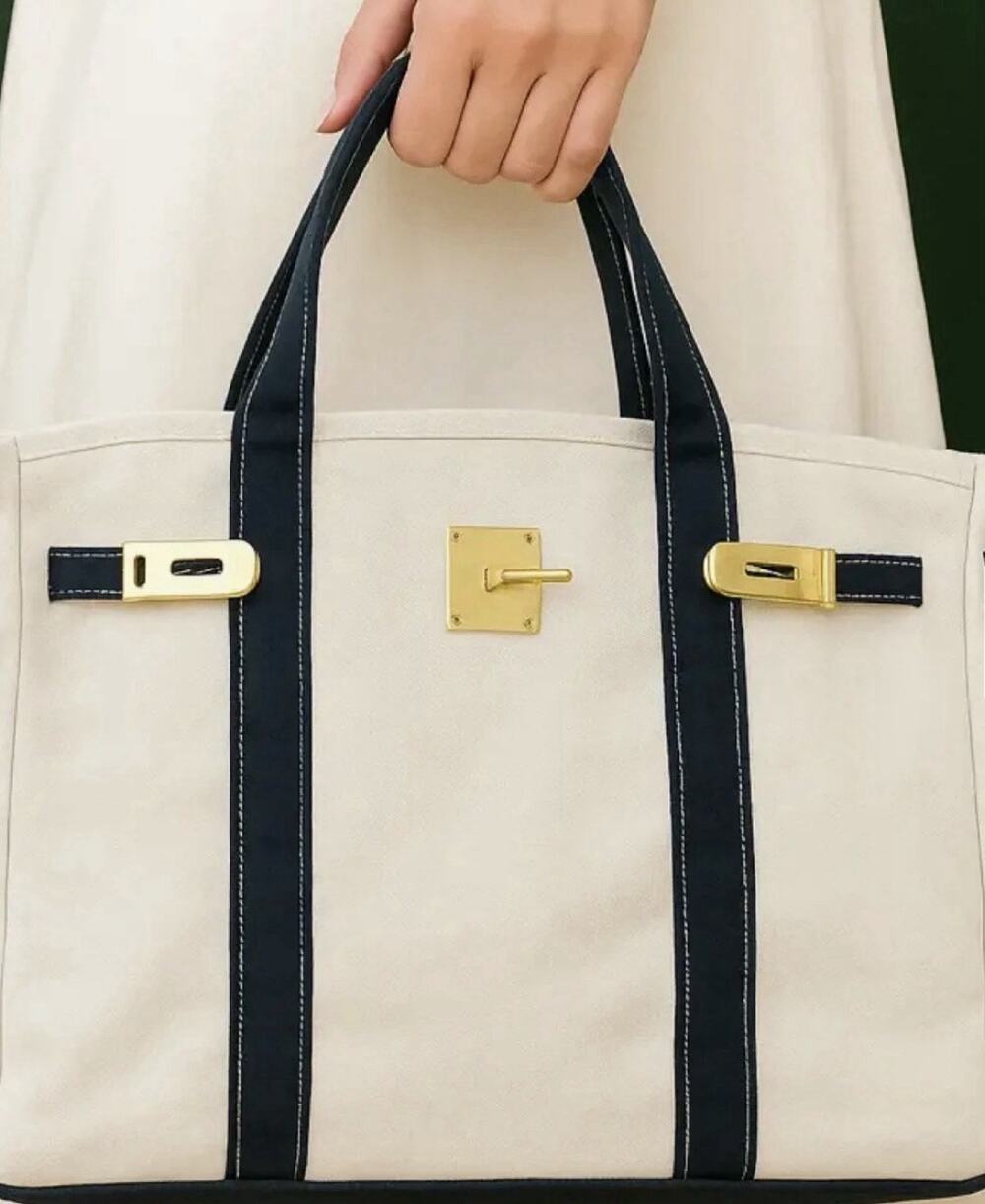 $179 Canvas "Boatkin" Canvas Tote Bag Navy & Natural Color Gold Hardware NWOT